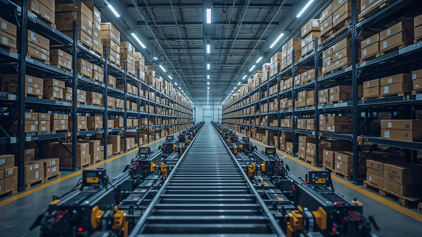 A hyper-realistic scene of an automated micro-fulfillment center, with robots and conveyor belts efficiently managing D2C products.