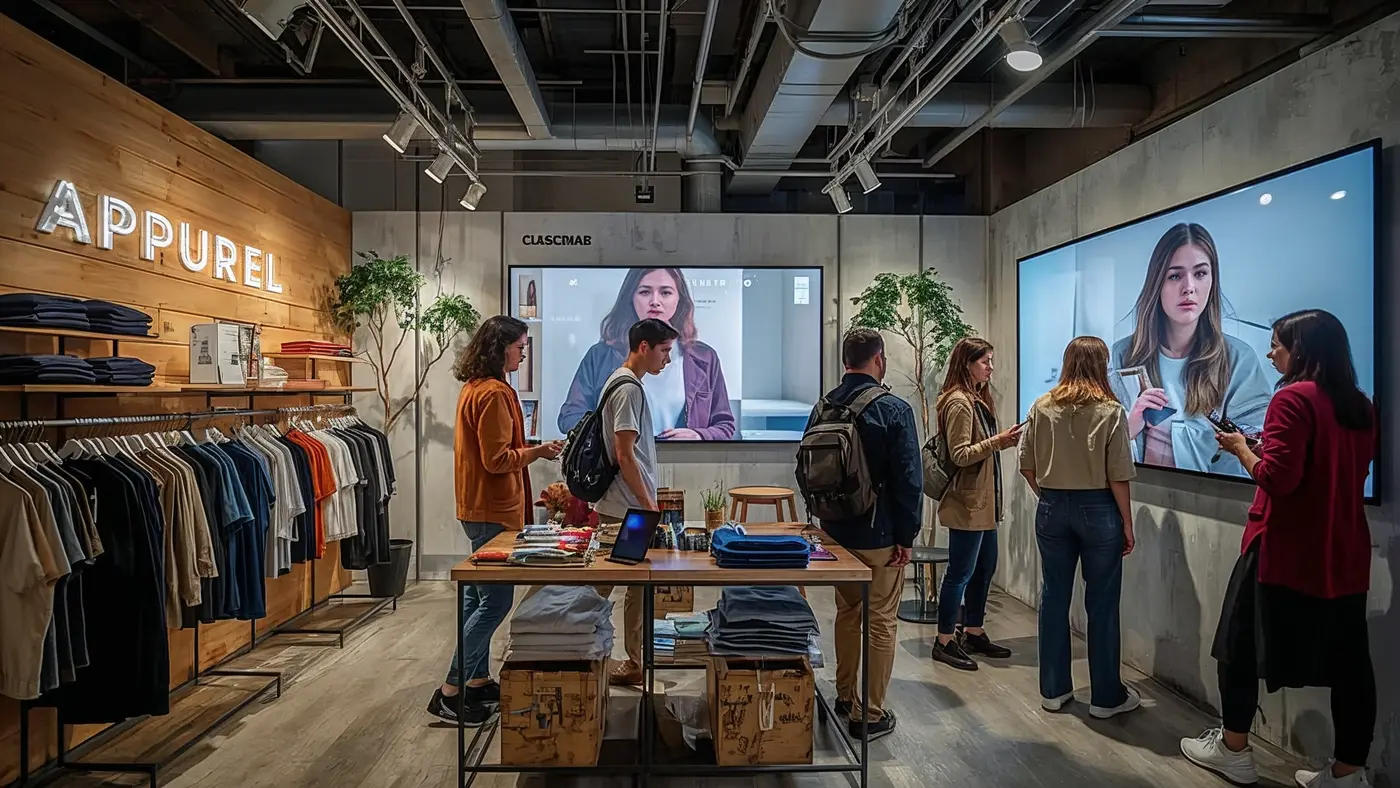 A hyper-realistic photo of a pop-up apparel event with one or two people engaging with product displays and digital screens, blending physical and digital experiences in authentic lighting.