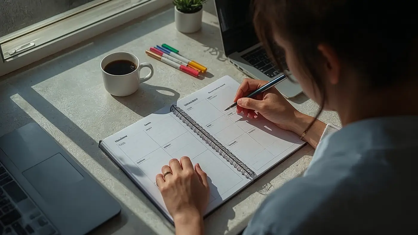 A hyper-realistic photo of a modern workspace with a person focusing on their planner and time-blocking, natural daylight illuminating the scene.