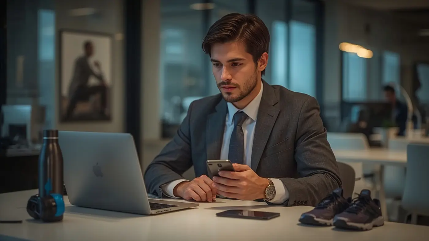 A high performer in business attire and workout gear at a desk, using a fitness tracking app, with motivational apparel and accessories nearby.