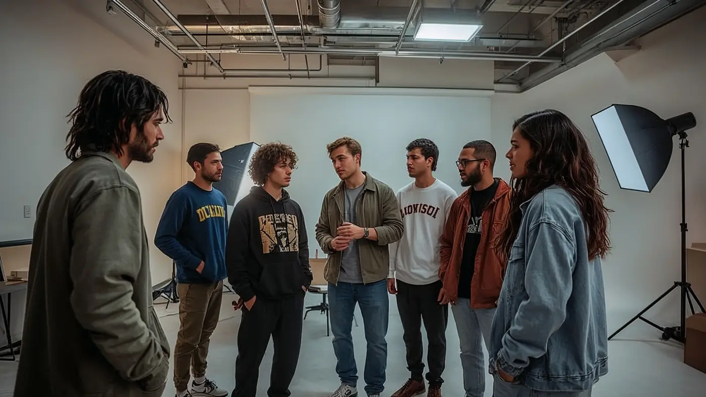 A hyper-realistic photo of two community members collaborating in an urban studio, surrounded by streetwear pieces and creative equipment under dramatic lighting.