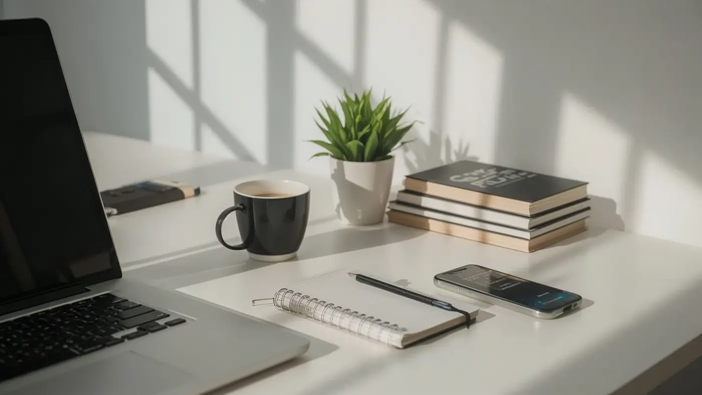 A hyper-realistic photo of a minimalist workspace with a laptop, notebook, and coffee mug, bathed in natural daylight, evoking productivity and entrepreneurial focus.