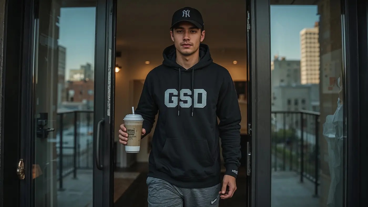 A hyper-realistic photo of a young entrepreneur in GSD athletic wear stepping out of an urban apartment door at sunrise, holding a protein shake, ready for the day.