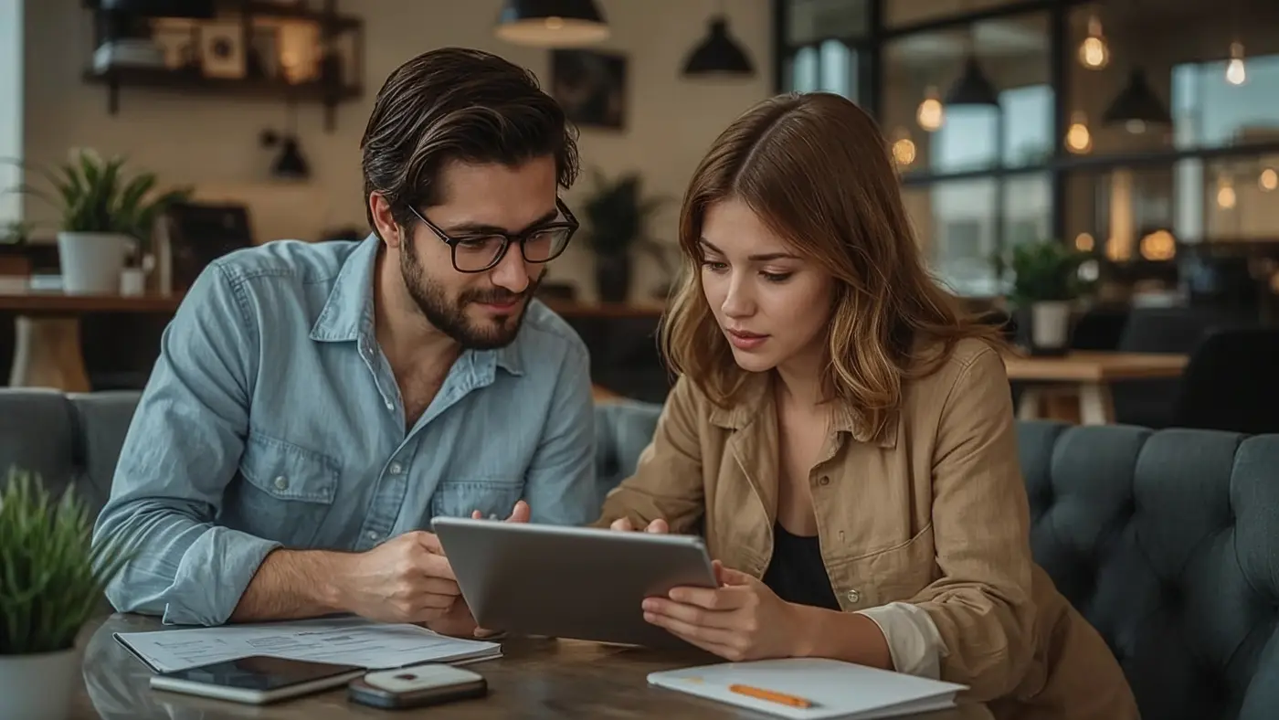 Two adults in a hyper-realistic accountability session, reviewing a digital progress chart in a supportive, authentic environment.