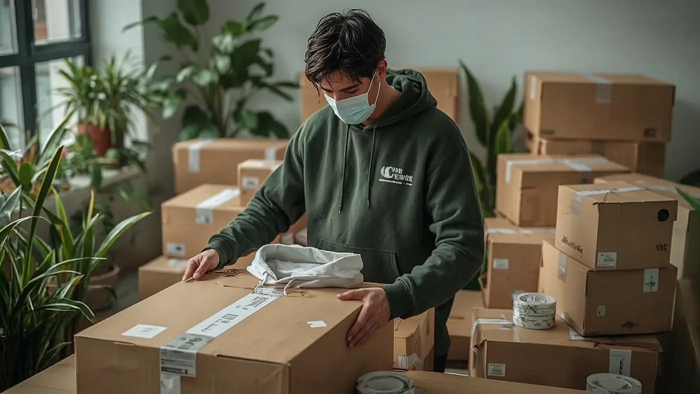 Sustainable streetwear packaging station with eco-friendly materials, a single worker carefully packing a branded hoodie, natural lighting and green elements visible.