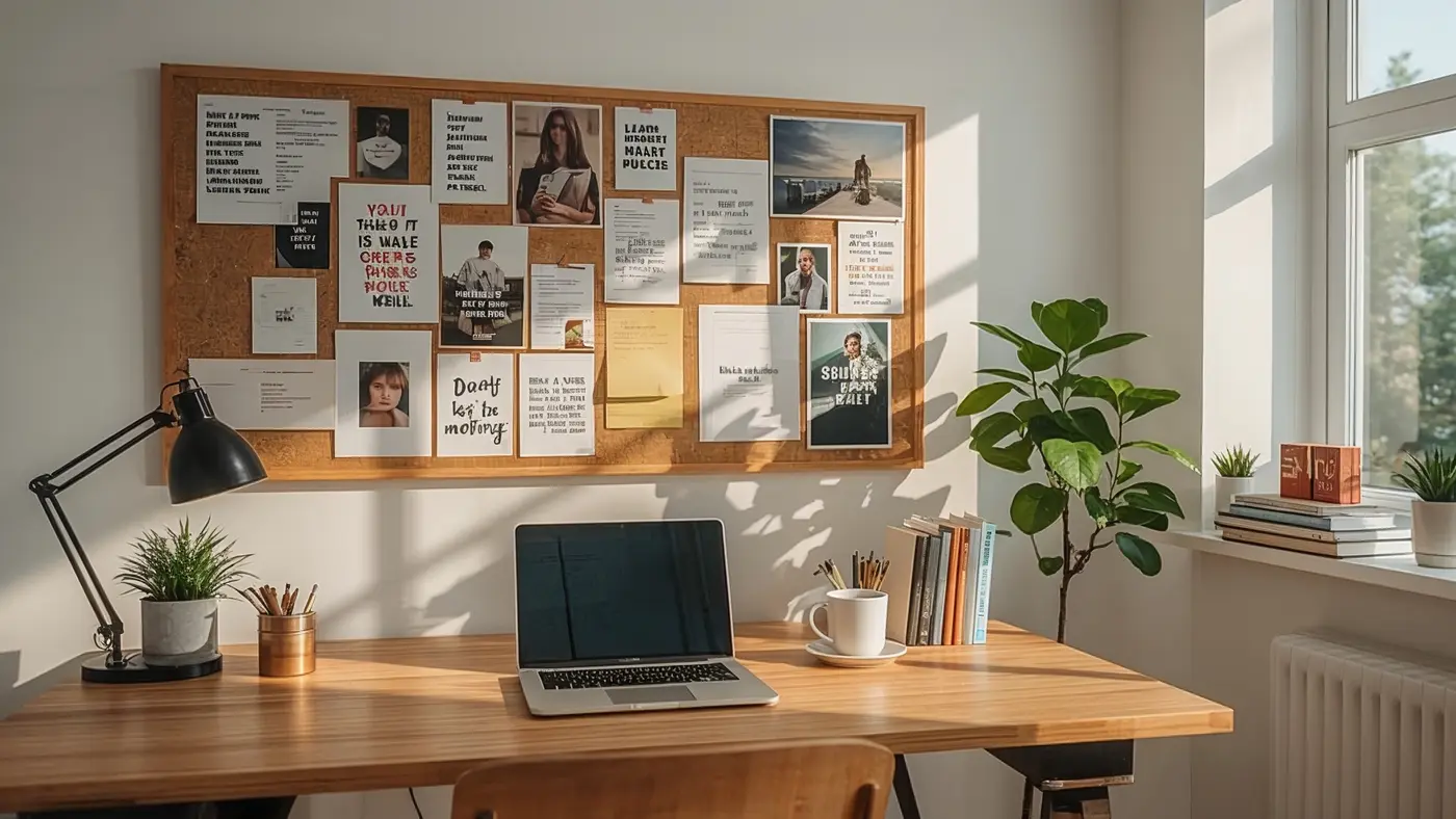 A hyper-realistic photo of a modern workspace with a vision board covered in inspirational quotes, natural daylight, and motivational desk items; no people present.