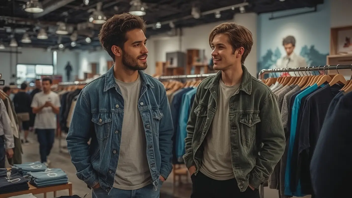 Two entrepreneurs in streetwear networking at a lively pop-up shop, symbolizing brand community and real-world experiences.