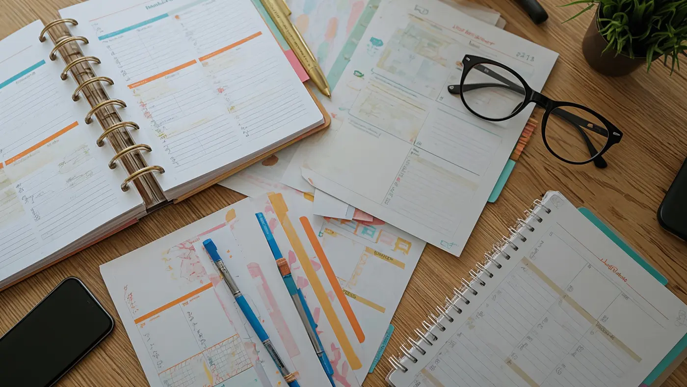 Hyper-realistic photo of planner inserts and dividers on a wooden desk, with smartphone and reading glasses, no people.
