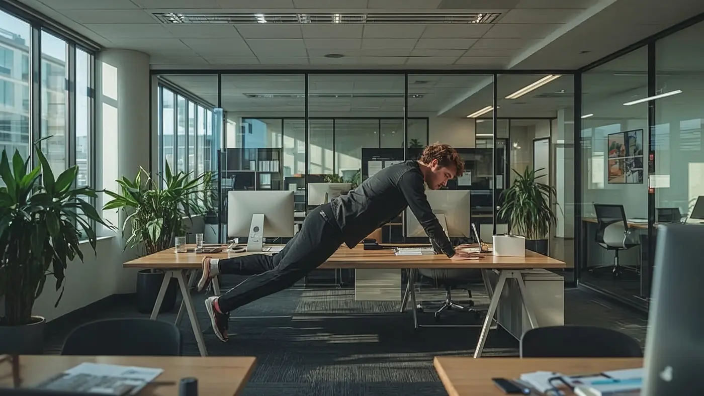 A hyper-realistic photo of a person doing a quick stretch or desk push-up in a real, naturally lit workspace.