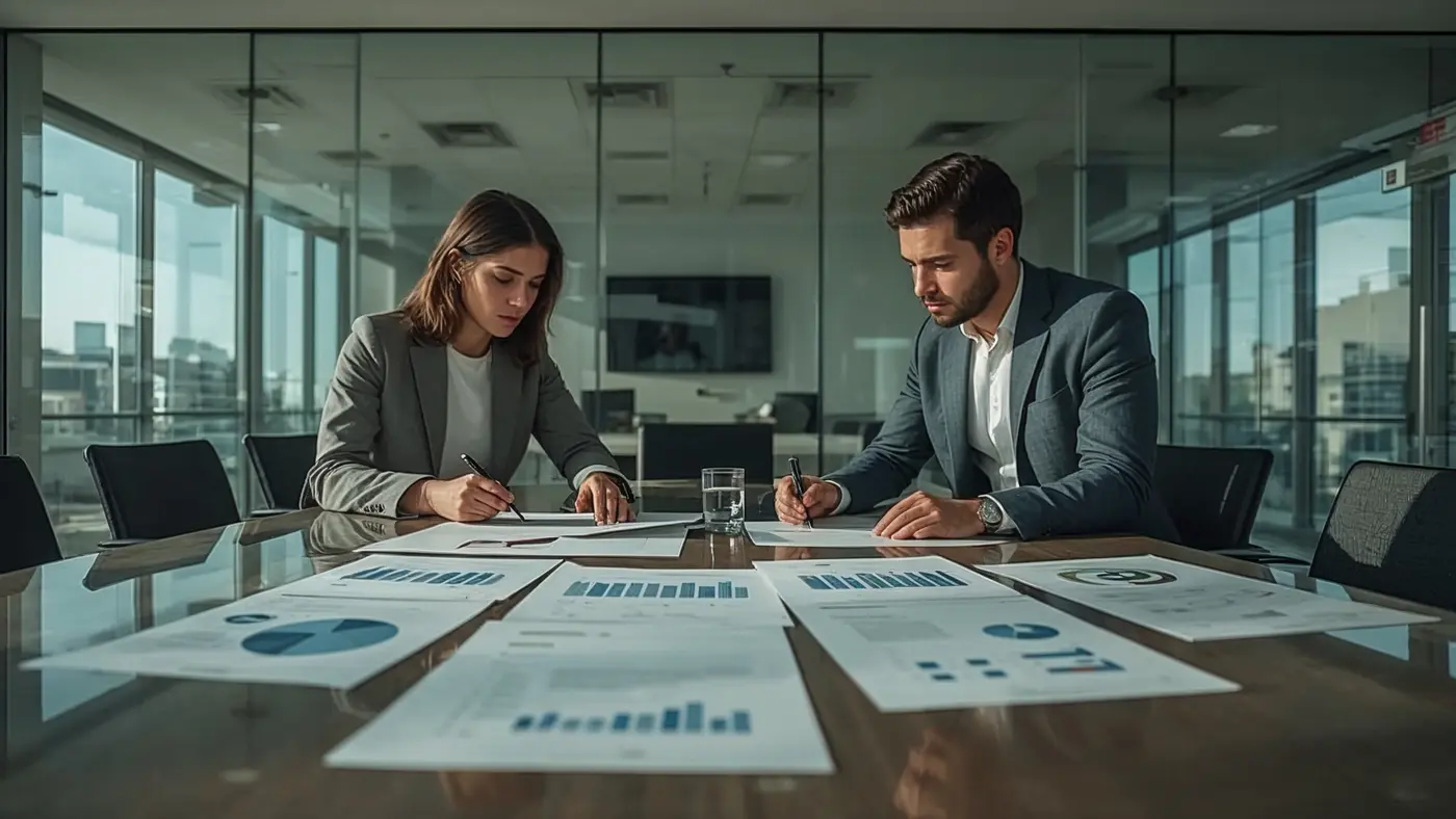 A hyper-realistic photo of two professionals in a glass-walled conference room reviewing printed monthly apparel progress reports and charts, with stylish modern clothing and natural daylight.