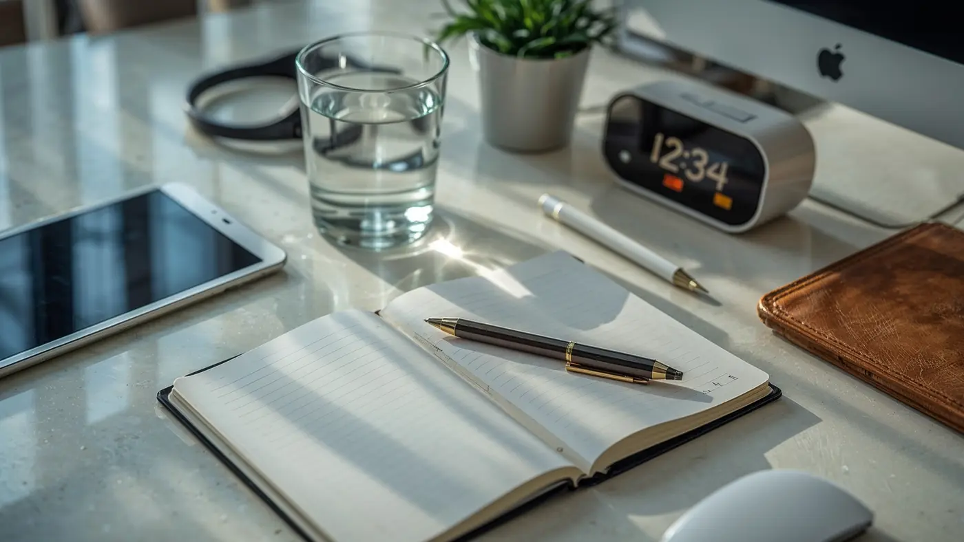 A hyper-realistic workspace with an open notebook, glass of water, pen, and digital clock in natural daylight.