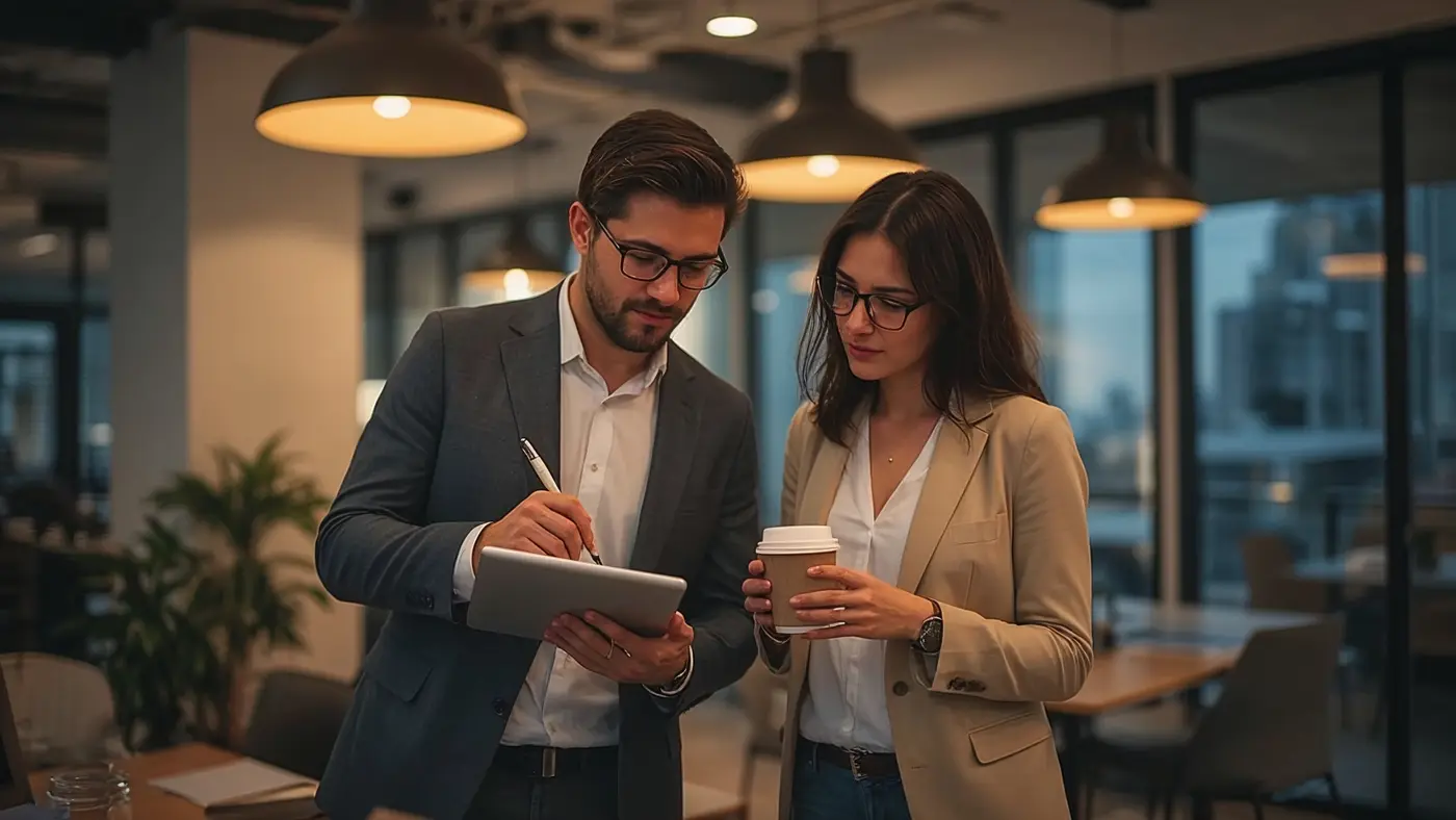 A hyper-realistic image of two entrepreneurs in casual attire collaborating in a modern office, discussing ideas over a digital tablet and notepad with real-life lighting and cityscape visible through the window.