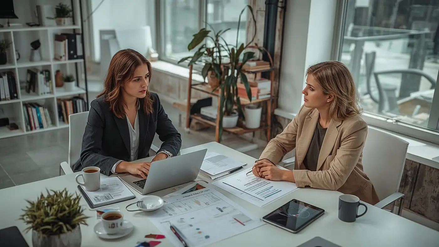 A hyper-realistic image of two professionals collaborating in a well-lit workspace, reviewing digital devices and workflow charts, with a visible time-blocking schedule on the table.