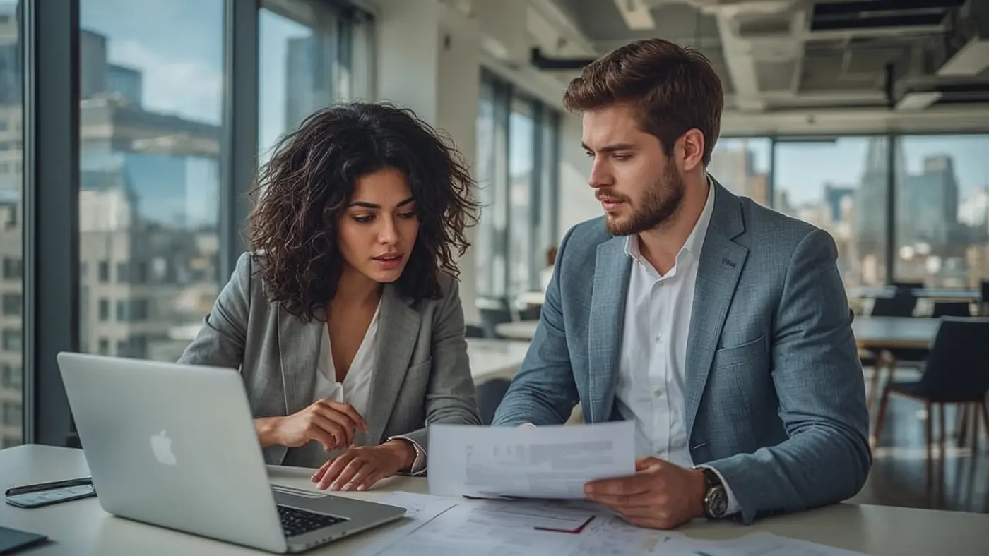 A hyper-realistic image of two diverse entrepreneurs collaborating over a strategic plan in a bright, urban co-working space, with natural light highlighting their focus and teamwork.