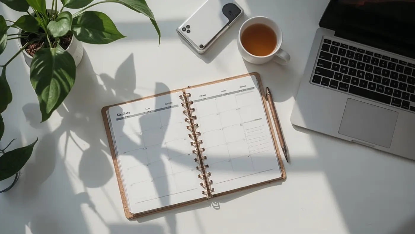 Minimalist, inspiring home office workspace with analog planner, pen, closed laptop, plants, and herbal tea in natural daylight.