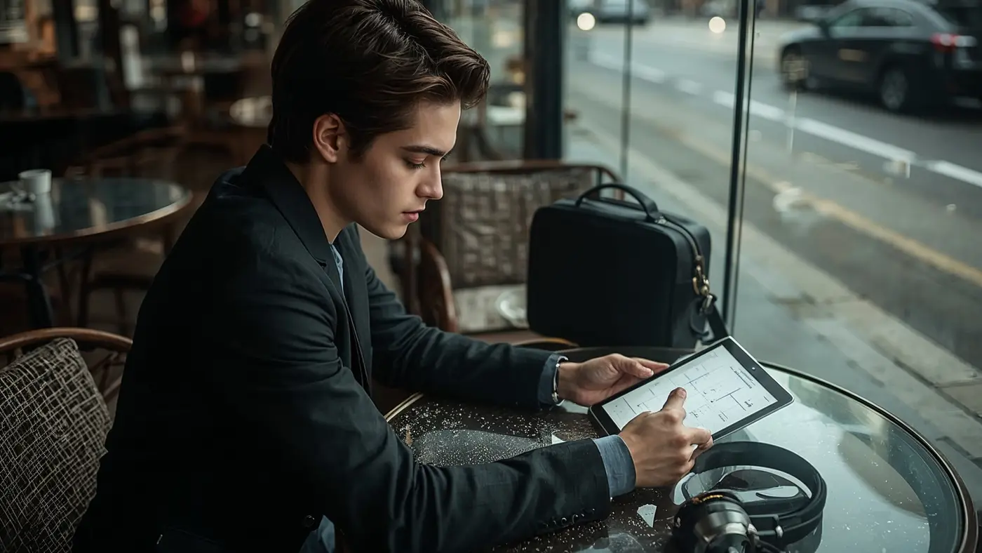 A stylish young entrepreneur planning their week on a digital tablet in a sunlit modern café, embodying focus and productivity.