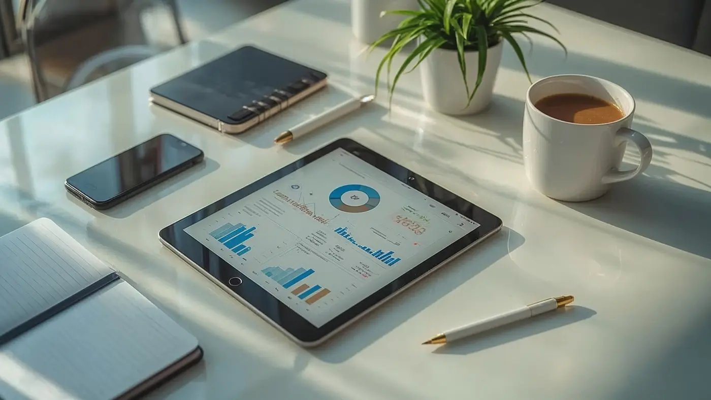 A hyper-realistic photo of a modern workspace with a digital tablet displaying data analytics and productivity tools, illuminated by natural light.
