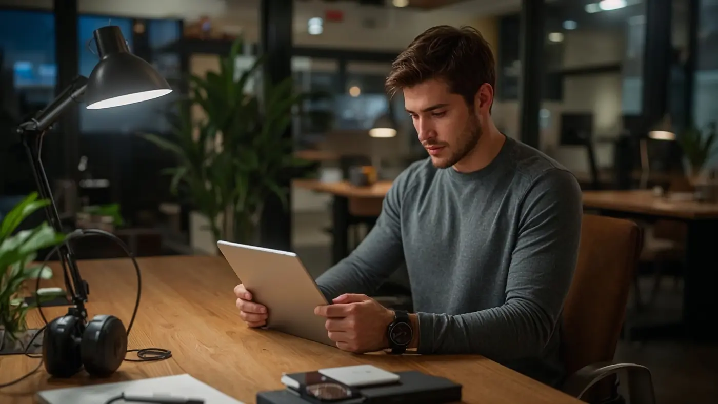 A hyper-realistic scene of an entrepreneur analyzing fitness statistics on a tablet in a tech-optimized workspace, surrounded by smart wearable devices and adaptive sportswear.