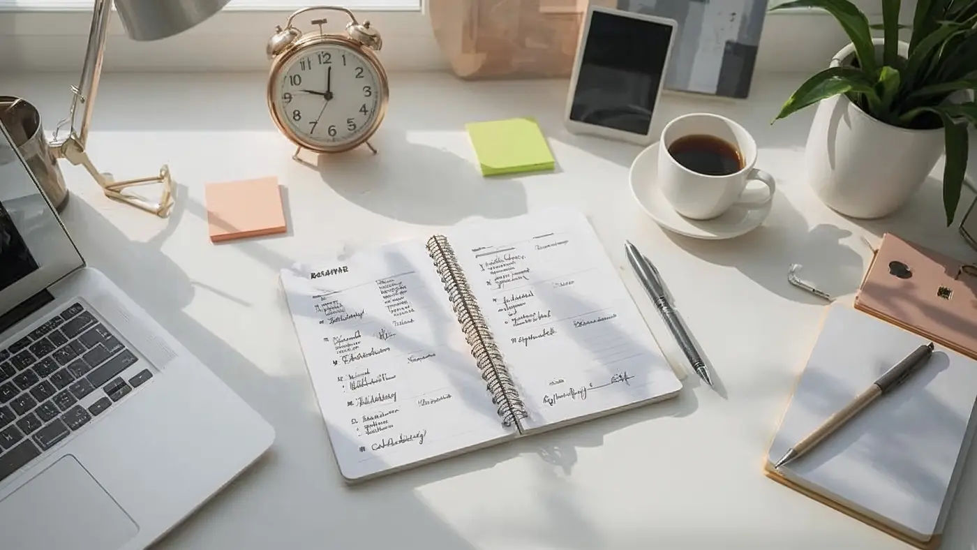A hyper-realistic workspace with an open paper planner, handwritten notes, a pen, and a cup of coffee on a tidy desk, bathed in natural daylight.