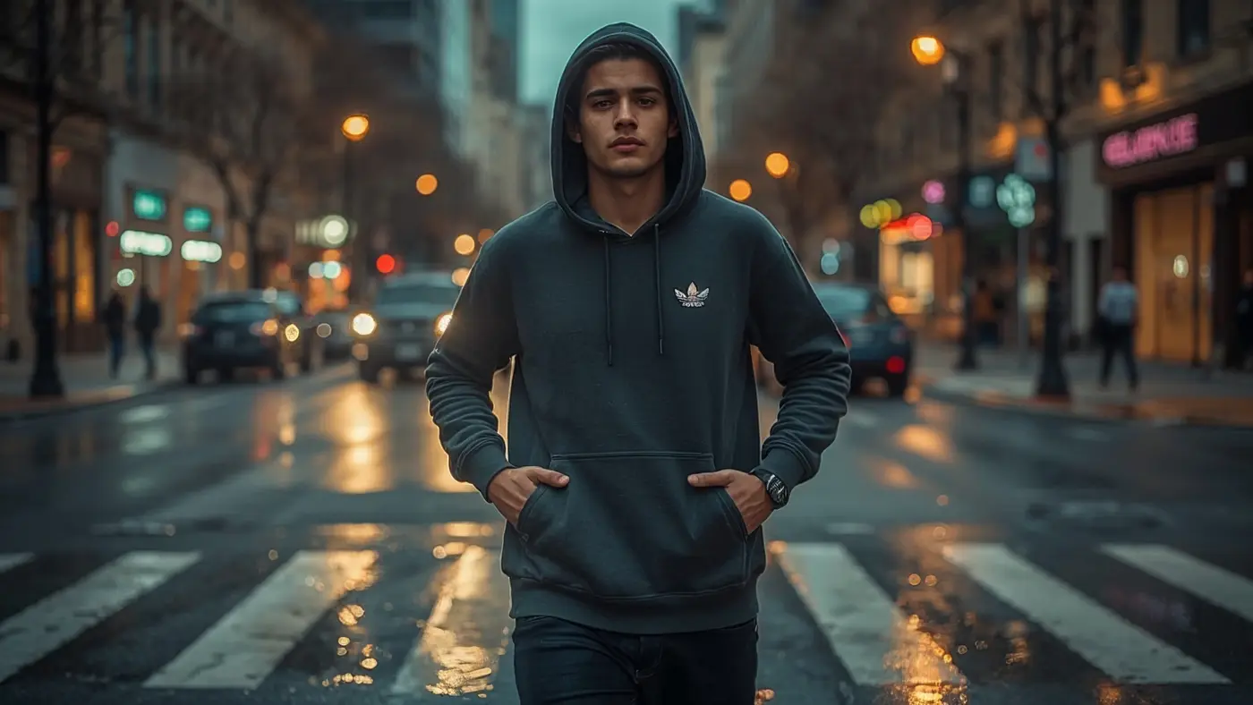 A hyper-realistic photo of a young entrepreneur in streetwear walking through a city street at dusk, illuminated by golden hour and city lights, looking determined.