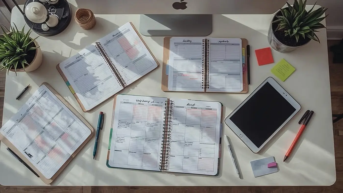 A hyper-realistic photo of several types of planners (daily, weekly, bullet journal) opened and neatly arranged on a modern desk with pens, sticky notes, and a digital device nearby, all under natural daylight.