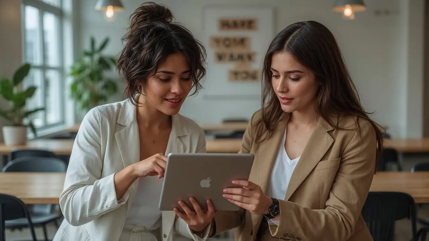 Two professionals in a hyper-realistic coworking space discussing data on a tablet, surrounded by a bright, motivating environment.