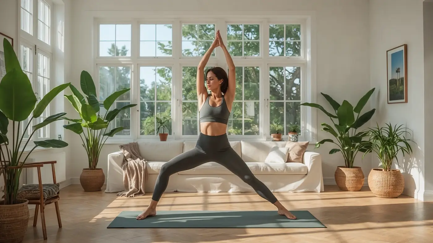 A person in their 20s or 30s doing a morning yoga stretch in a bright living room with large windows and natural sunlight, looking focused and energized.