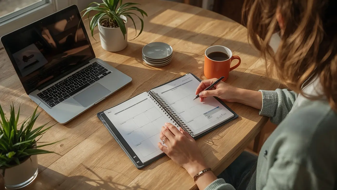 A hyper-realistic morning workspace with a planner, coffee, and laptop, sunlight streaming in, person reviewing their planner.