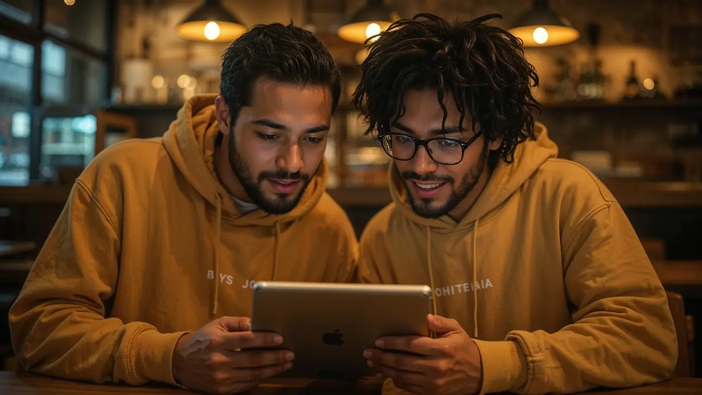Hyper-realistic photo of two diverse individuals in streetwear collaborating in a cozy urban coffee shop, illuminated by warm indoor lighting, with a creative atmosphere.