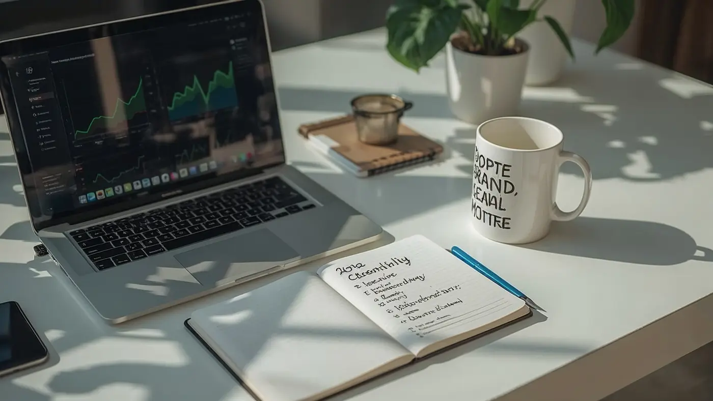 A hyper-realistic photo of a productive workspace with a laptop showing analytics, notepad with monthly goals, and branded coffee mug in natural sunlight.