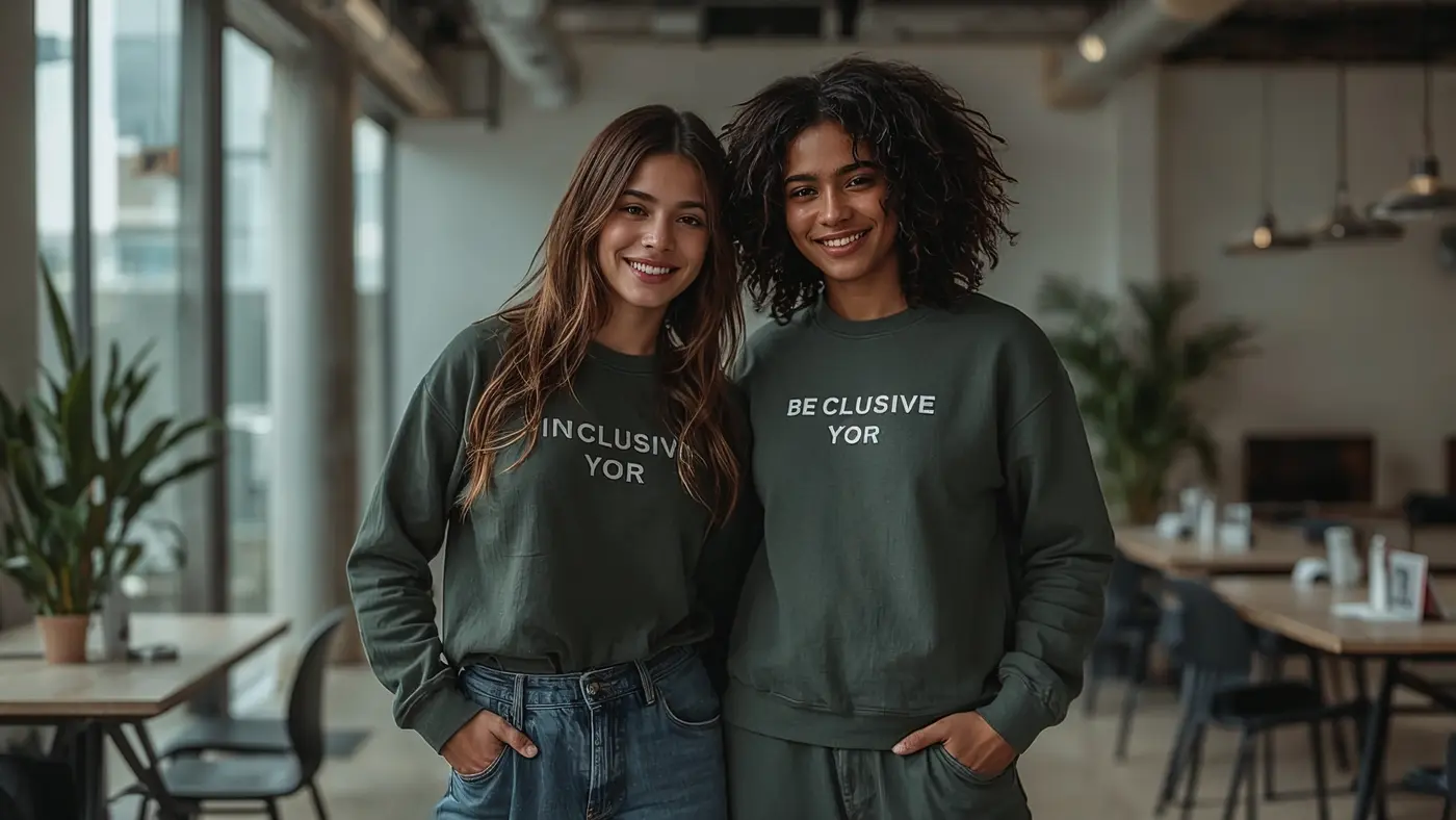Hyper-realistic photo of two diverse individuals in motivational streetwear with minimalist designs, standing confidently in a modern urban workspace.