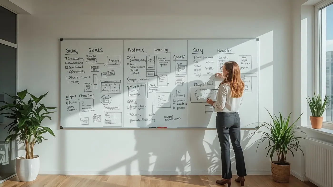 A hyper-realistic photo of a modern workspace with a person writing on a large whiteboard filled with goals and checklists, illuminated by natural daylight.