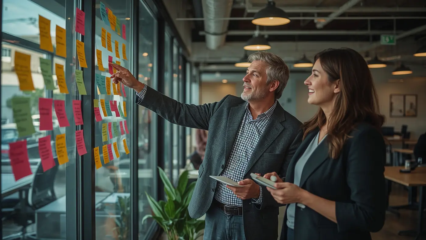 Two professionals in a modern workspace discussing motivational quotes on a wall