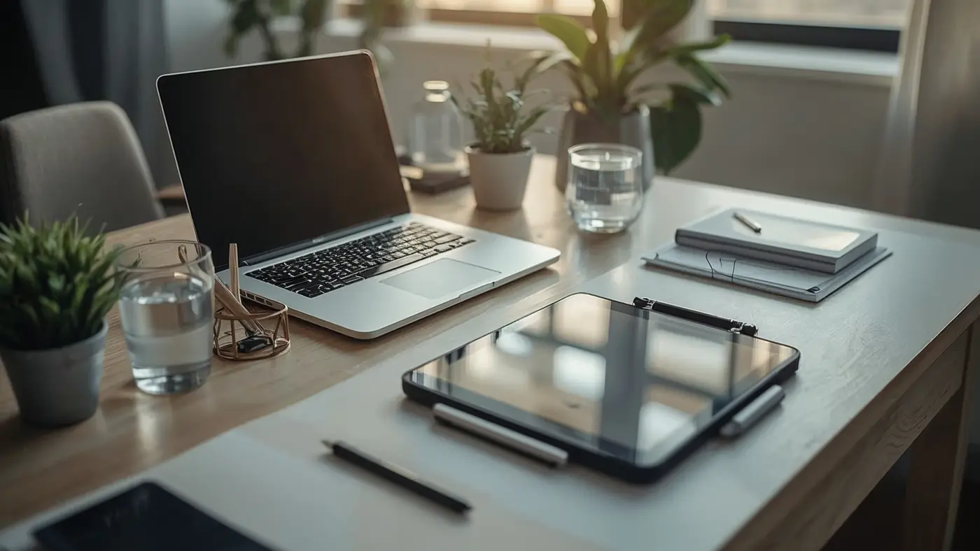 Organized modern workspace with digital tools and water for productivity