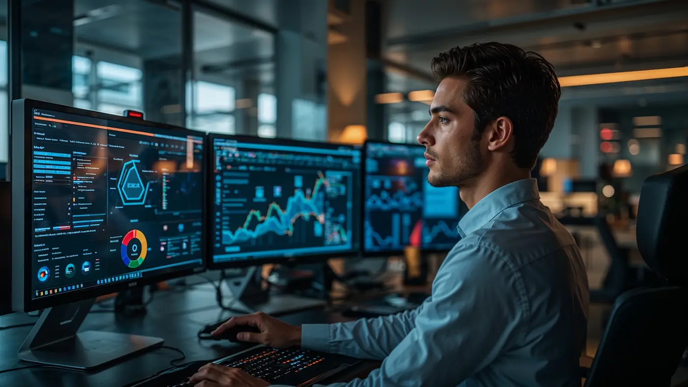 Entrepreneur working with AI-powered analytics and automation tools in a modern office, reflecting technology-driven motivation.