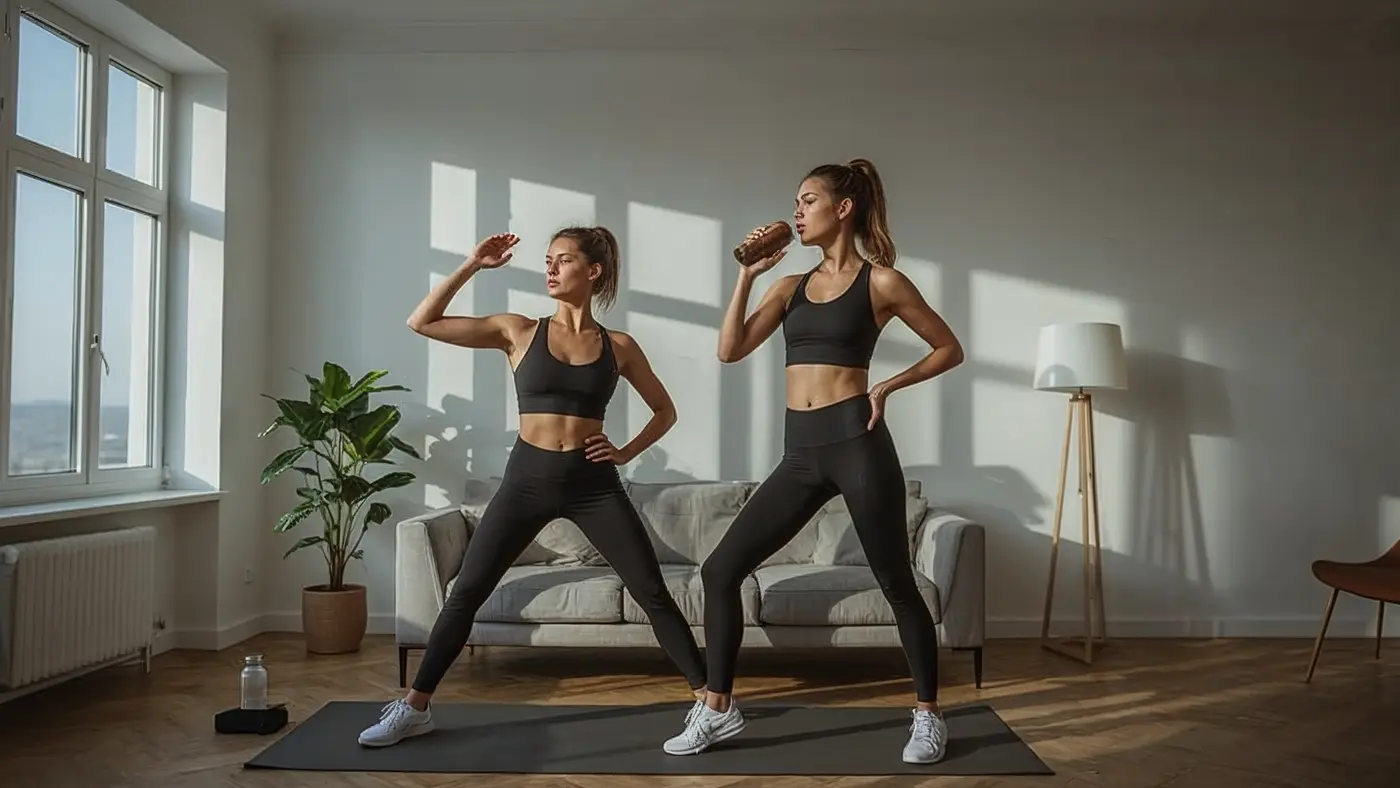 A hyper-realistic photo of two fit adults in minimalist activewear, one stretching and one drinking a protein shake, in a modern living room with large windows and morning light.