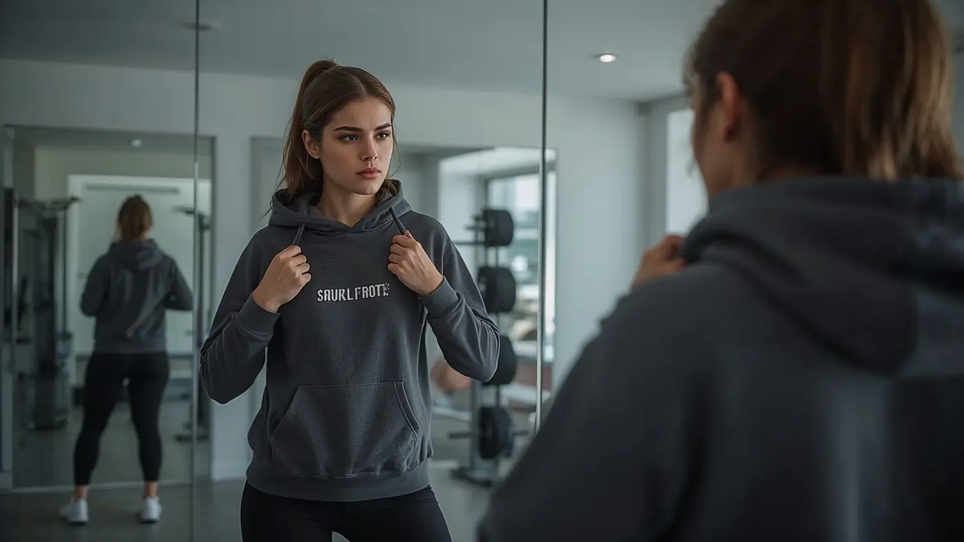 A hyper-realistic photo of a determined young woman putting on a motivational slogan hoodie in a minimalistic home gym, with natural light highlighting her focus and the crisp details of the apparel.