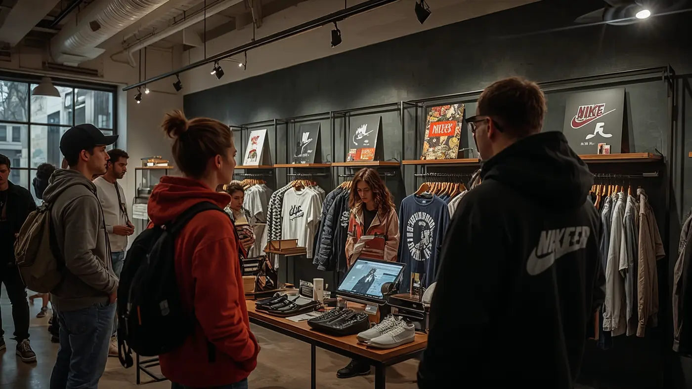 A hyper-realistic pop-up event for a motivational streetwear brand, showing real customers engaging with exclusive merchandise, digital displays, and QR codes in a stylish retail space.