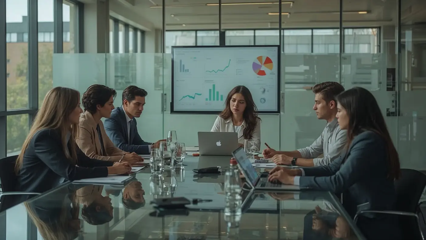 Hyper-realistic office scene with diverse GSD Apparel leaders reviewing sustainability reports and digital dashboards.